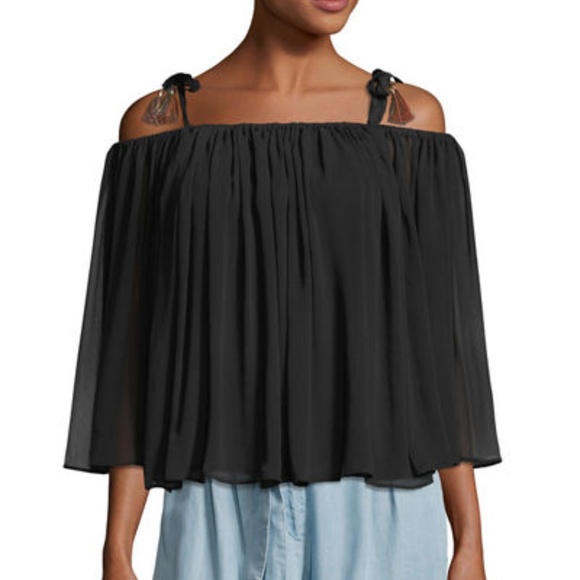 YFB Off Shoulder Black Long Sleeve Chiffon Blouse - Picture 2 of 8